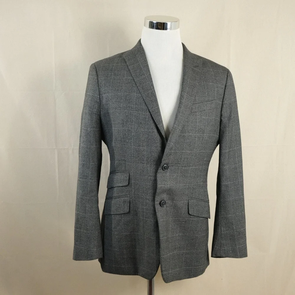 Banana Republic 42R Slim Sport Coat Marzatto Wool Gray Plaid Two Button Vented